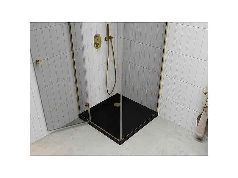 Mexen Roma cabine de douche pivotante 90 x 90 cm, transparente, or + receveur Flat, noir - 854-090-090-50-00-4070G