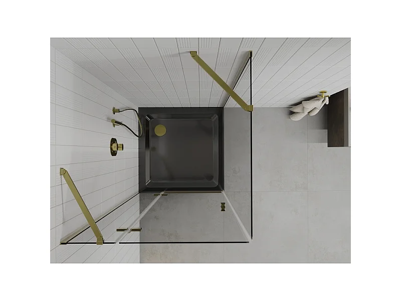 Mexen Roma cabine de douche pivotante 90 x 90 cm, transparente, or + receveur Flat, noir - 854-090-090-50-00-4070G