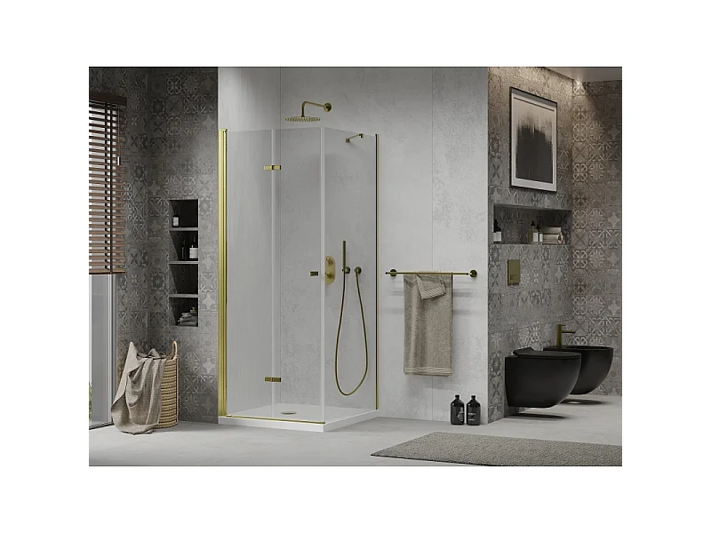 Mexen Lima cabine de douche pliante 100 x 100 cm, transparent, or + receveur Flat - 856-100-100-50-00-4010