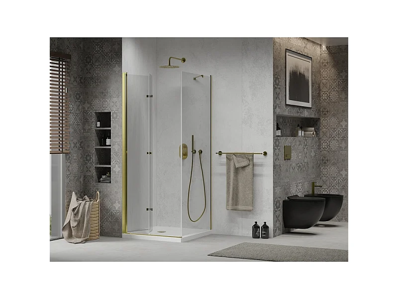 Mexen Lima cabine de douche pliante 100 x 100 cm, transparent, or + receveur Flat - 856-100-100-50-00-4010