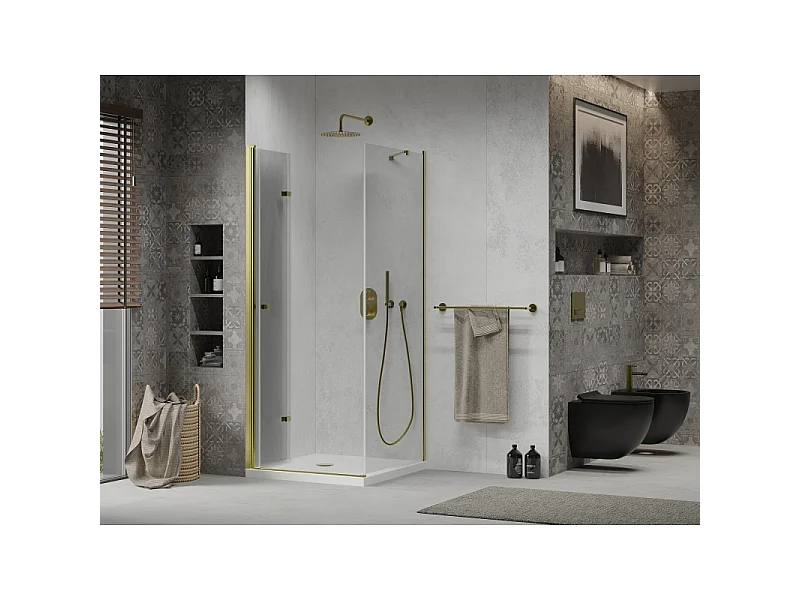 Mexen Lima cabine de douche pliante 100 x 100 cm, transparent, or + receveur Flat - 856-100-100-50-00-4010