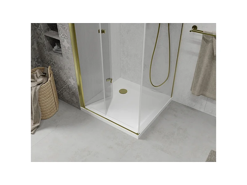 Mexen Lima cabine de douche pliante 100 x 100 cm, transparent, or + receveur Flat - 856-100-100-50-00-4010