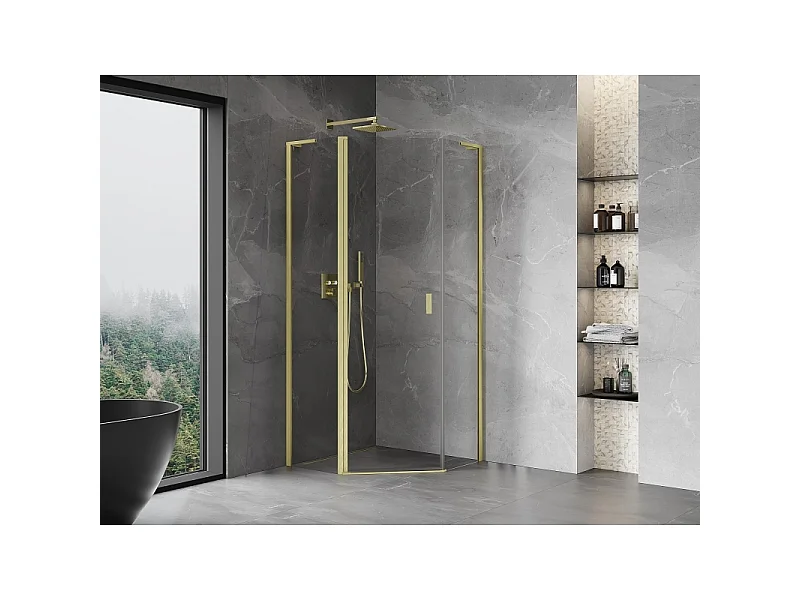 Mexen Mist L vijfhoekige douchecabine scharnierend 80 x 80 cm, transparant, goud geborsteld - 8A8L-080-080-55-00