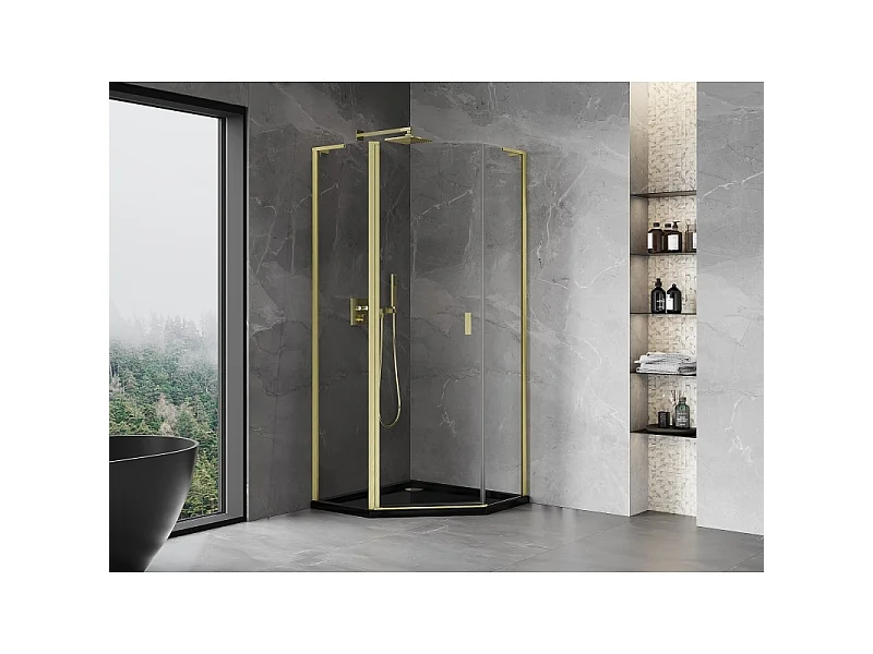 Mexen Mist L vijfhoekige douchecabine scharnierend 80 x 80 cm, transparant, goud geborsteld - 8A8L-080-080-55-00