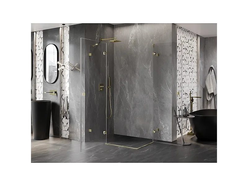 Mexen Lunar Duo leva omarna tuš kabina 100 x 75 cm, prozorna, brušeno zlato - 834-100L-075P-55-00