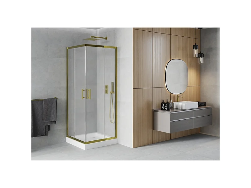 Mexen Rio kvadratisk brusekabine 80 x 80 cm, frostet, guld + brusekar, hvid - 860-080-080-50-30-4510