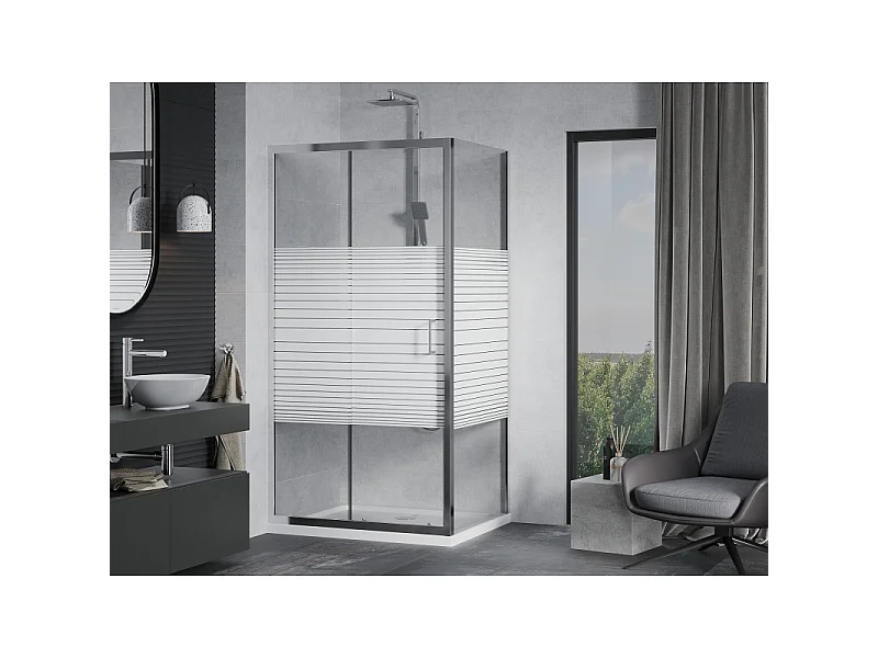 Mexen Apia skydelig brusekabine 90 x 100 cm, hvide striber, krom + Flat brusebund - 840-090-100-01-20-4010