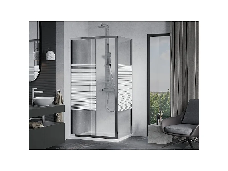 Mexen Apia skydelig brusekabine 90 x 100 cm, hvide striber, krom + Flat brusebund - 840-090-100-01-20-4010