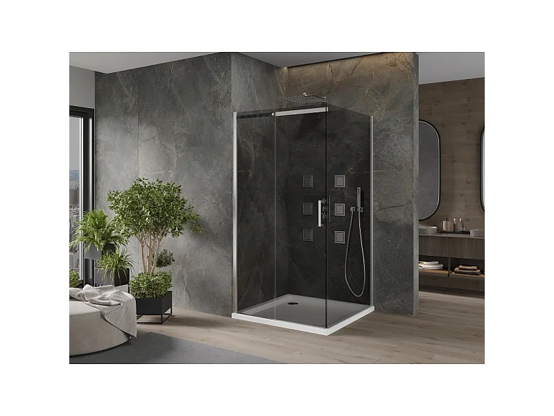 Mexen Omega cabine de douche coulissante 100 x 100 cm, graphite, chrome + receveur Flat, blanc - 825-100-100-01-40-4010