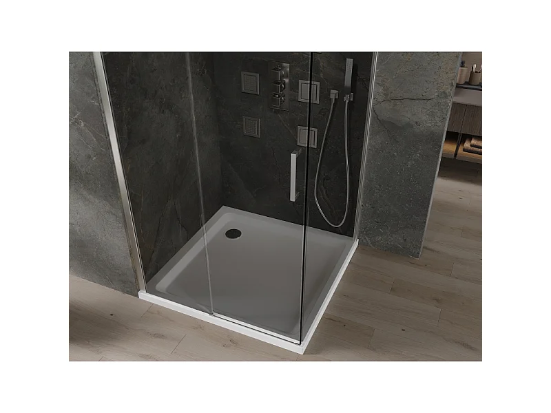 Mexen Omega cabine de douche coulissante 100 x 100 cm, graphite, chrome + receveur Flat, blanc - 825-100-100-01-40-4010