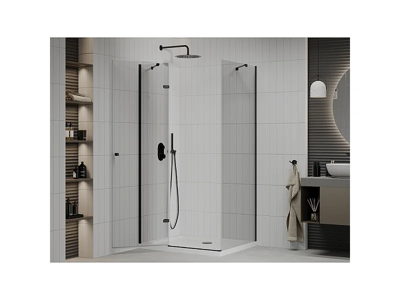 Mexen Roma douchecabine scharnierend 70 x 80 cm, transparant, zwart + Flat douchebak, wit - 854-070-080-70-00-4010B