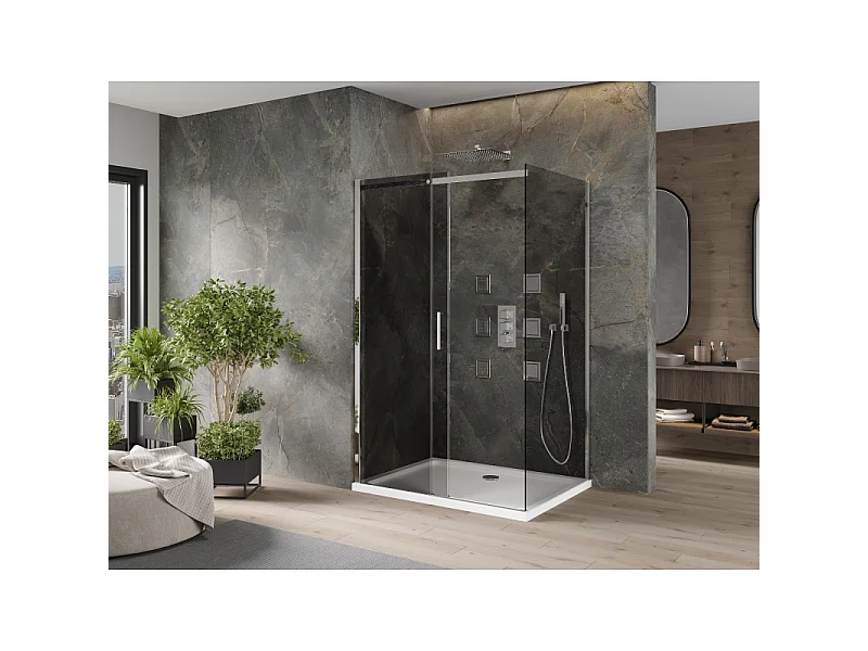 Mexen Omega skydedørsbrusekabine 130 x 100 cm, grafit, krom + flad bruserbakke, hvid - 825-130-100-01-40-4010