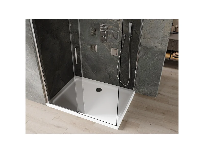 Mexen Omega skydedørsbrusekabine 130 x 100 cm, grafit, krom + flad bruserbakke, hvid - 825-130-100-01-40-4010