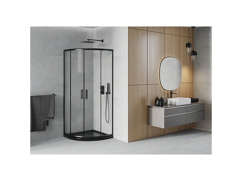 Mexen Rio halvrund brusekabine 80 x 80 cm, transparent, sort + Flat brusekar, sort - 863-080-080-70-00-4170B