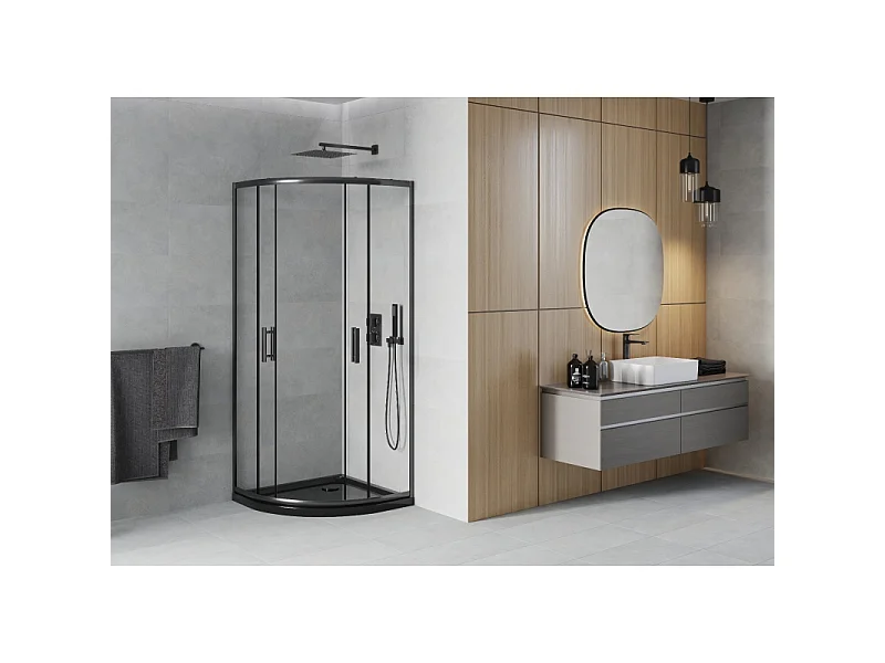 Mexen Rio halvrund brusekabine 80 x 80 cm, transparent, sort + Flat brusekar, sort - 863-080-080-70-00-4170B