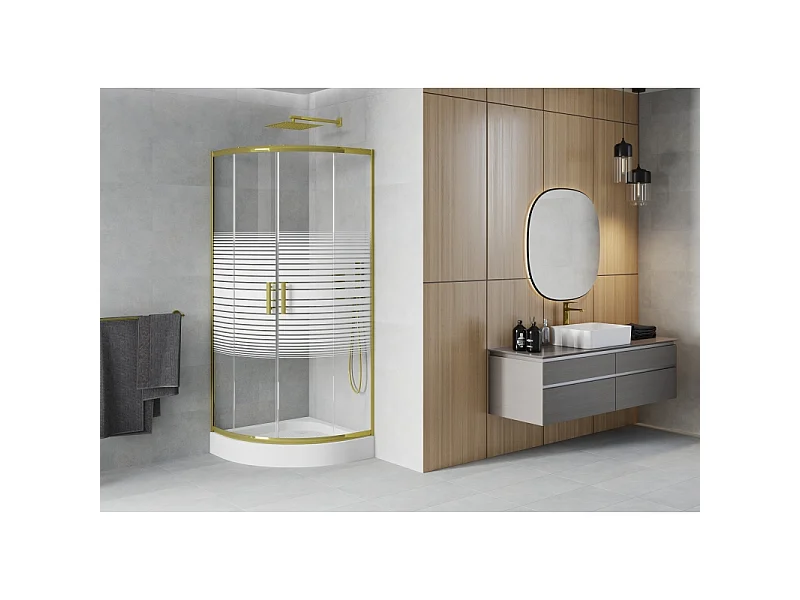 Mexen Rio cabine de douche semi-circulaire 80 x 80 cm, bandes blanches, or + receveur, blanc - 863-080-080-50-20-4710