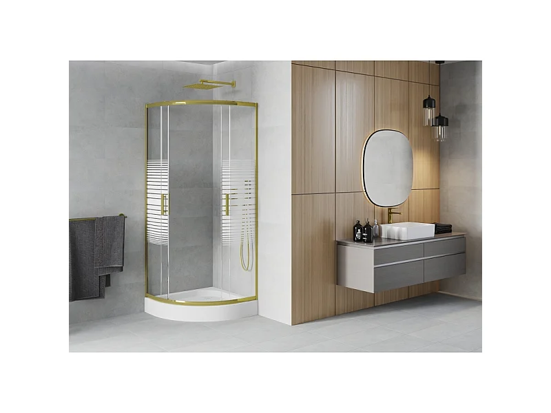 Mexen Rio cabine de douche semi-circulaire 80 x 80 cm, bandes blanches, or + receveur, blanc - 863-080-080-50-20-4710