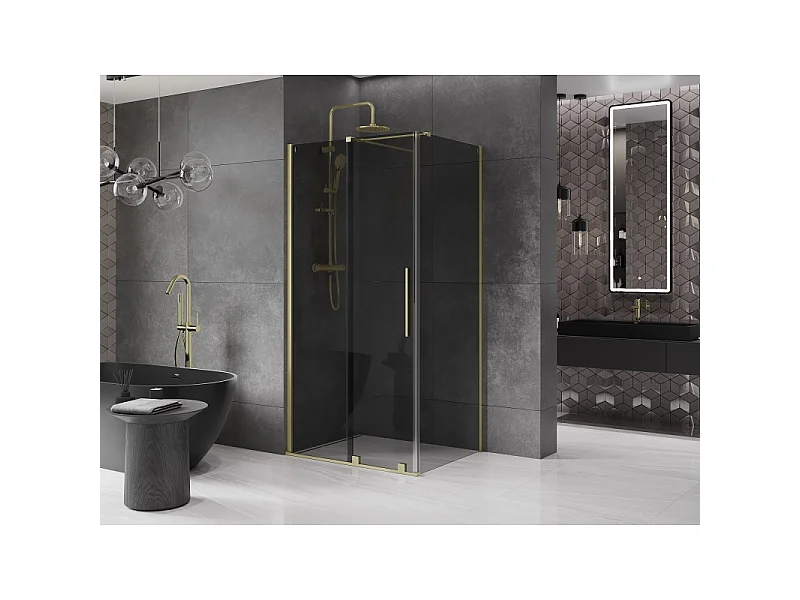 Mexen Velar Schiebeduschkabine 90 x 75 cm, Graphit, gebürstetes Gold - 871-090-075-41-55