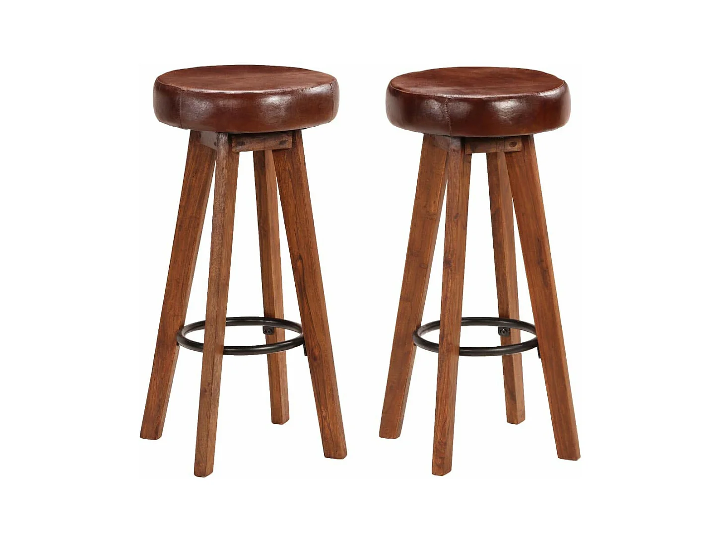 Juego de dos taburetes de bar de diseño, asiento de madera de acacia, cuero auténtico 1202112