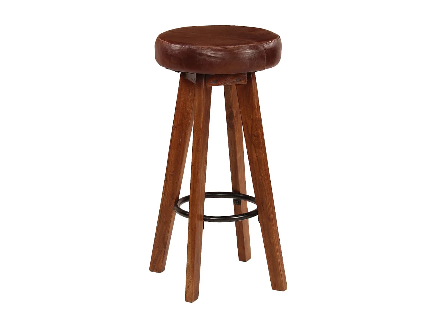 Juego de dos taburetes de bar de diseño, asiento de madera de acacia, cuero auténtico 1202112