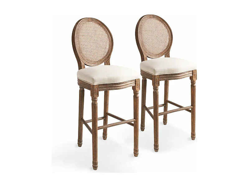 Conjunto de dois bancos de bar de design com assento de cadeira de rattan branco creme 1202150
