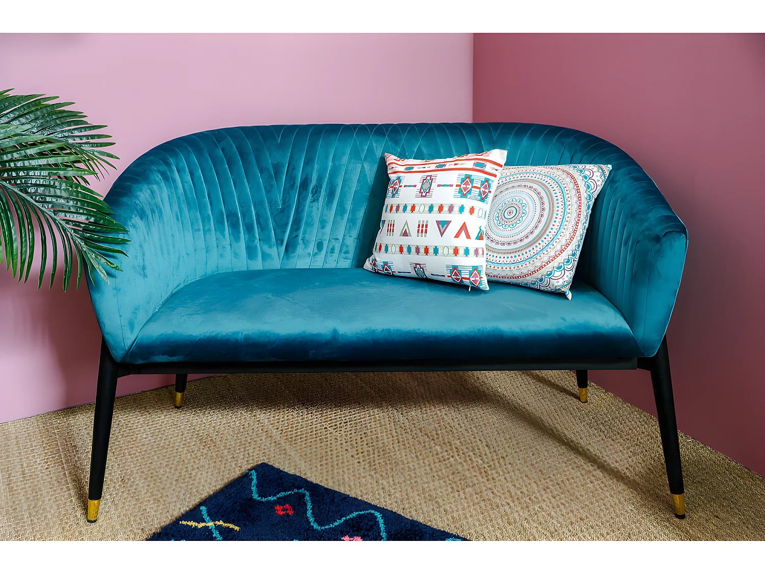 Canapé 2 Places En Velours Bleu Paon Rembourré Design Contemporain 131x67x79cm