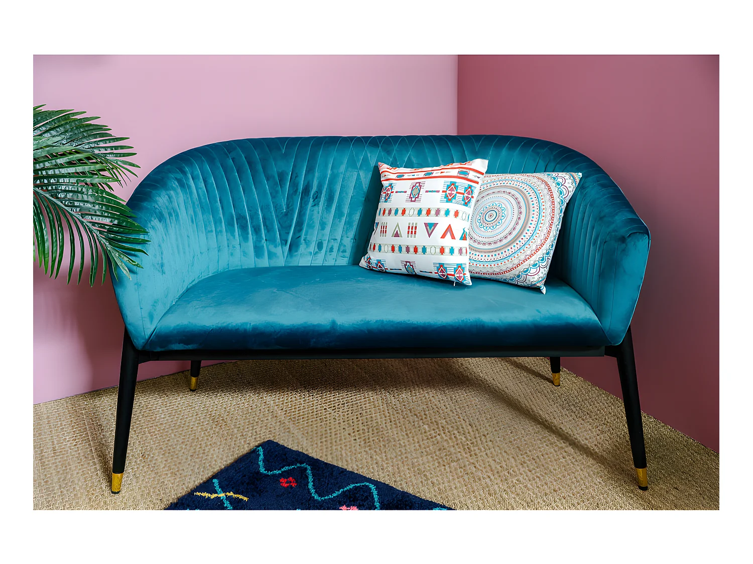 Canapé 2 Places En Velours Bleu Paon Rembourré Design Contemporain 131x67x79cm