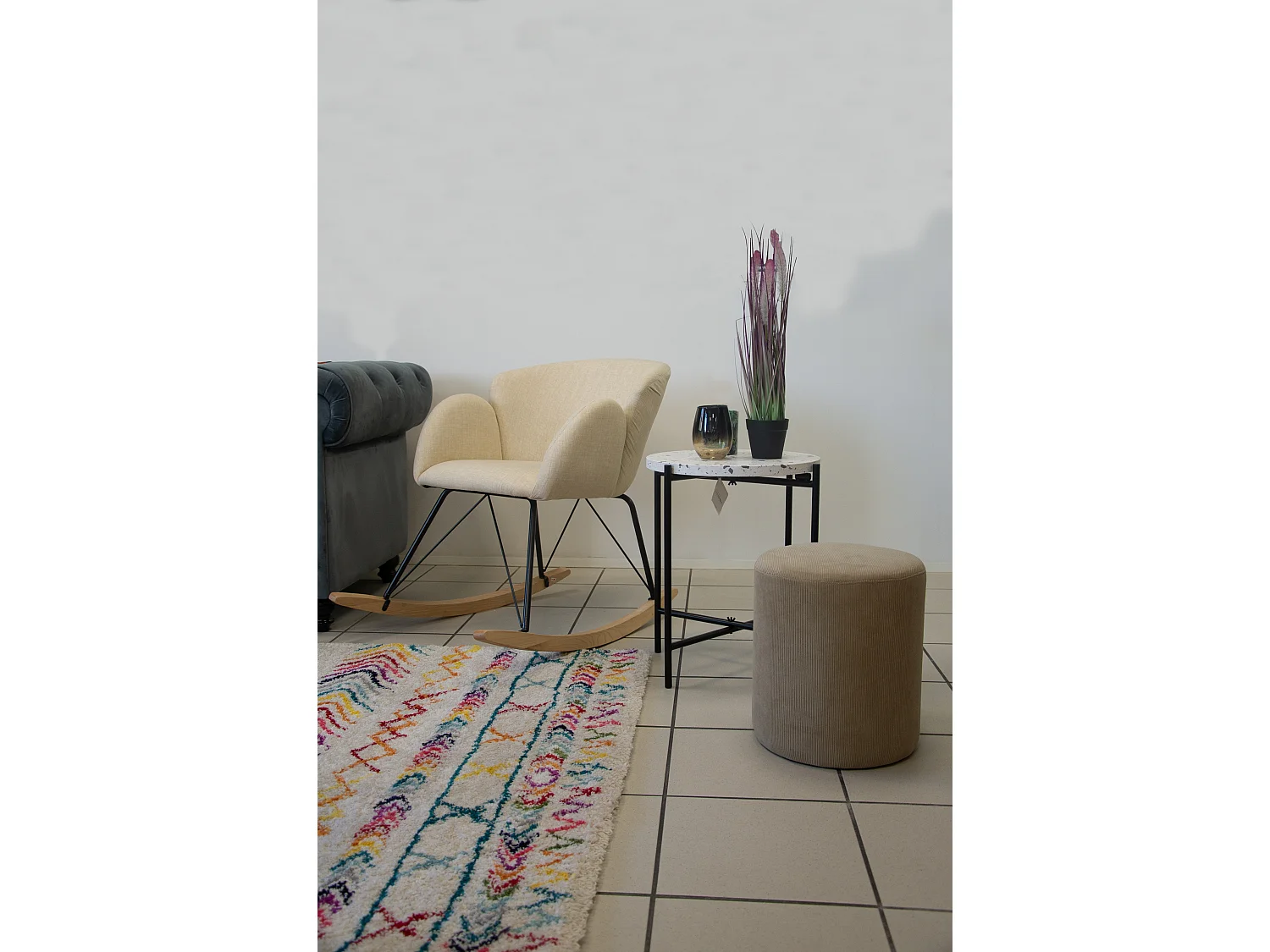 Chaise, Fauteuil À Bascule Tissu Effet Laine Beige Pied En Bois Et Métal 86x62x72cm