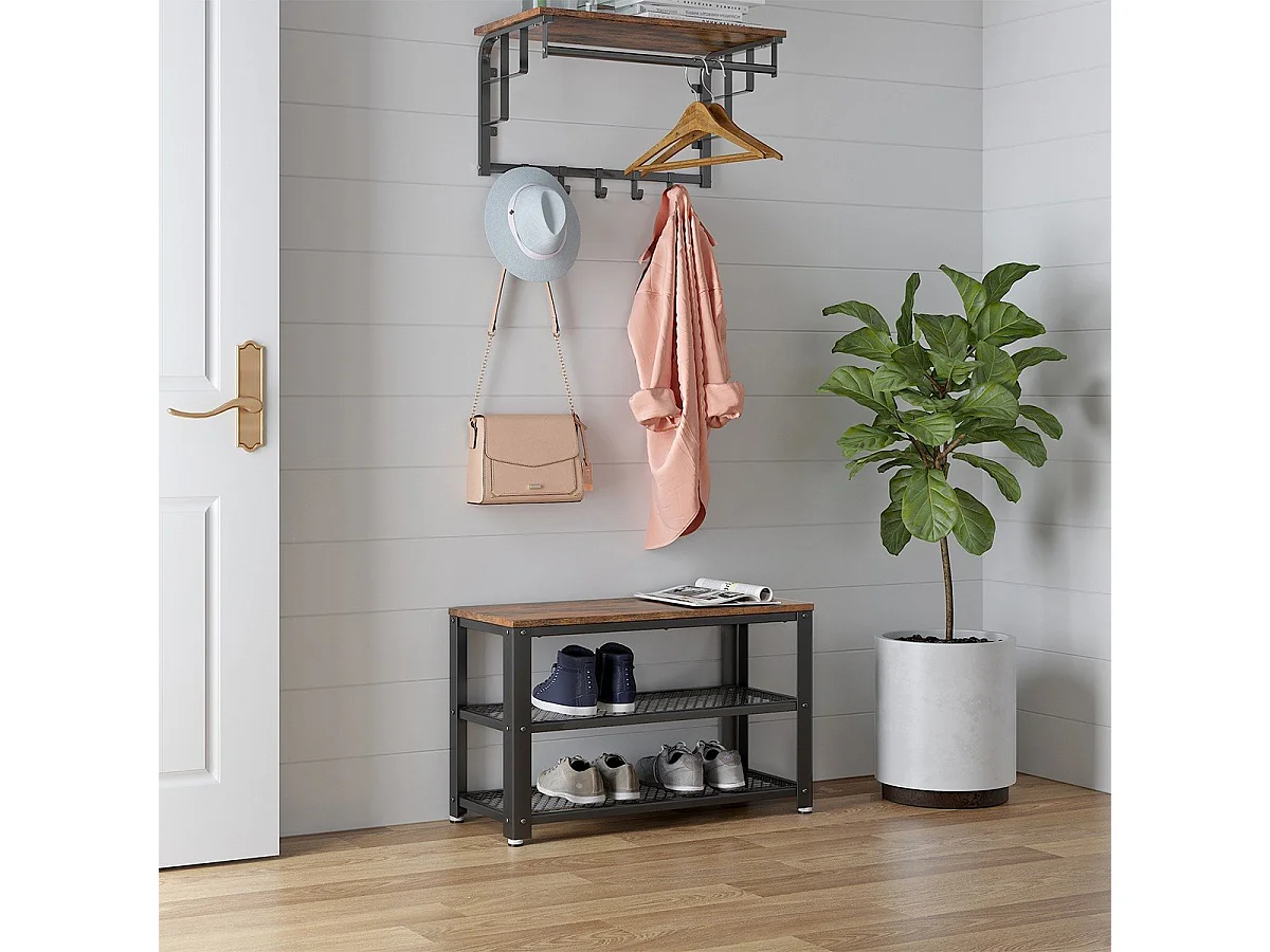 VASAGLE Shoe Bench, Shoe Rack with 2 Shelves, Shoe Organiser, 73 x 30 x 45 cm, Entryway Living Room Hallway, Steel Structure, Industrial Style, Rustic Brown and
