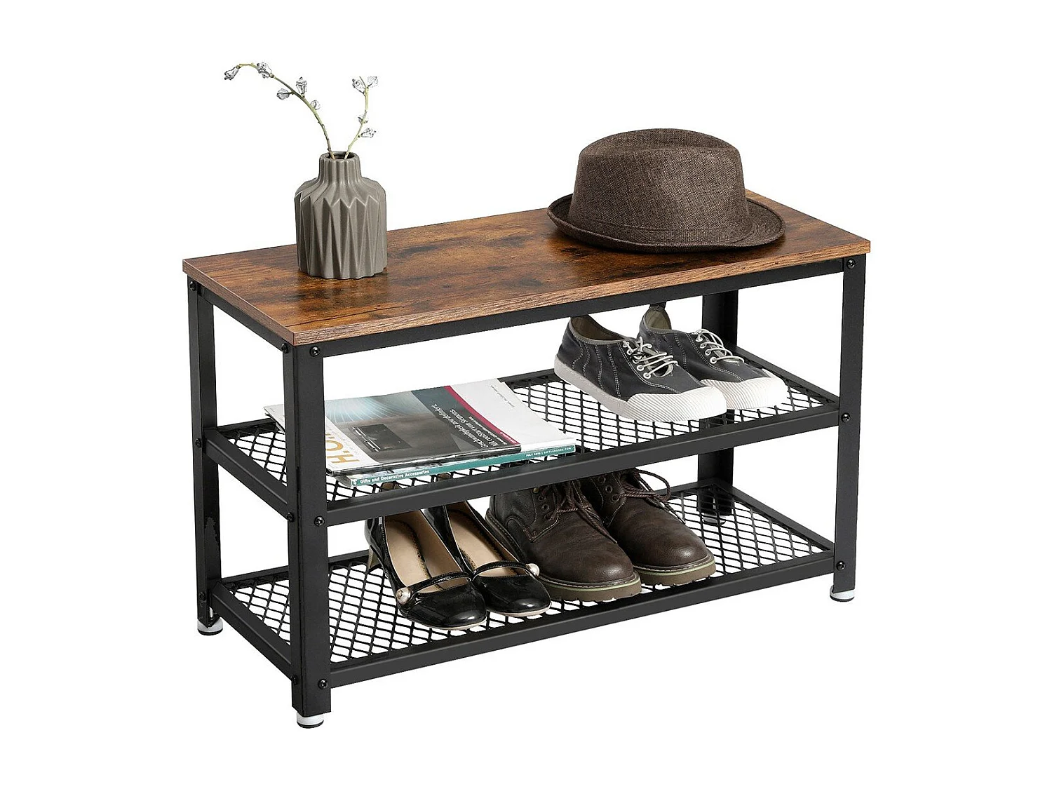 VASAGLE Shoe Bench, Shoe Rack with 2 Shelves, Shoe Organiser, 73 x 30 x 45 cm, Entryway Living Room Hallway, Steel Structure, Industrial Style, Rustic Brown and