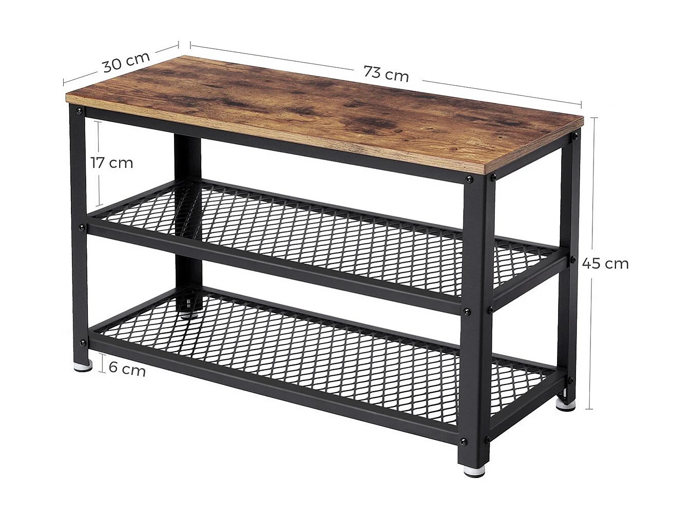 VASAGLE Shoe Bench, Shoe Rack with 2 Shelves, Shoe Organiser, 73 x 30 x 45 cm, Entryway Living Room Hallway, Steel Structure, Industrial Style, Rustic Brown and