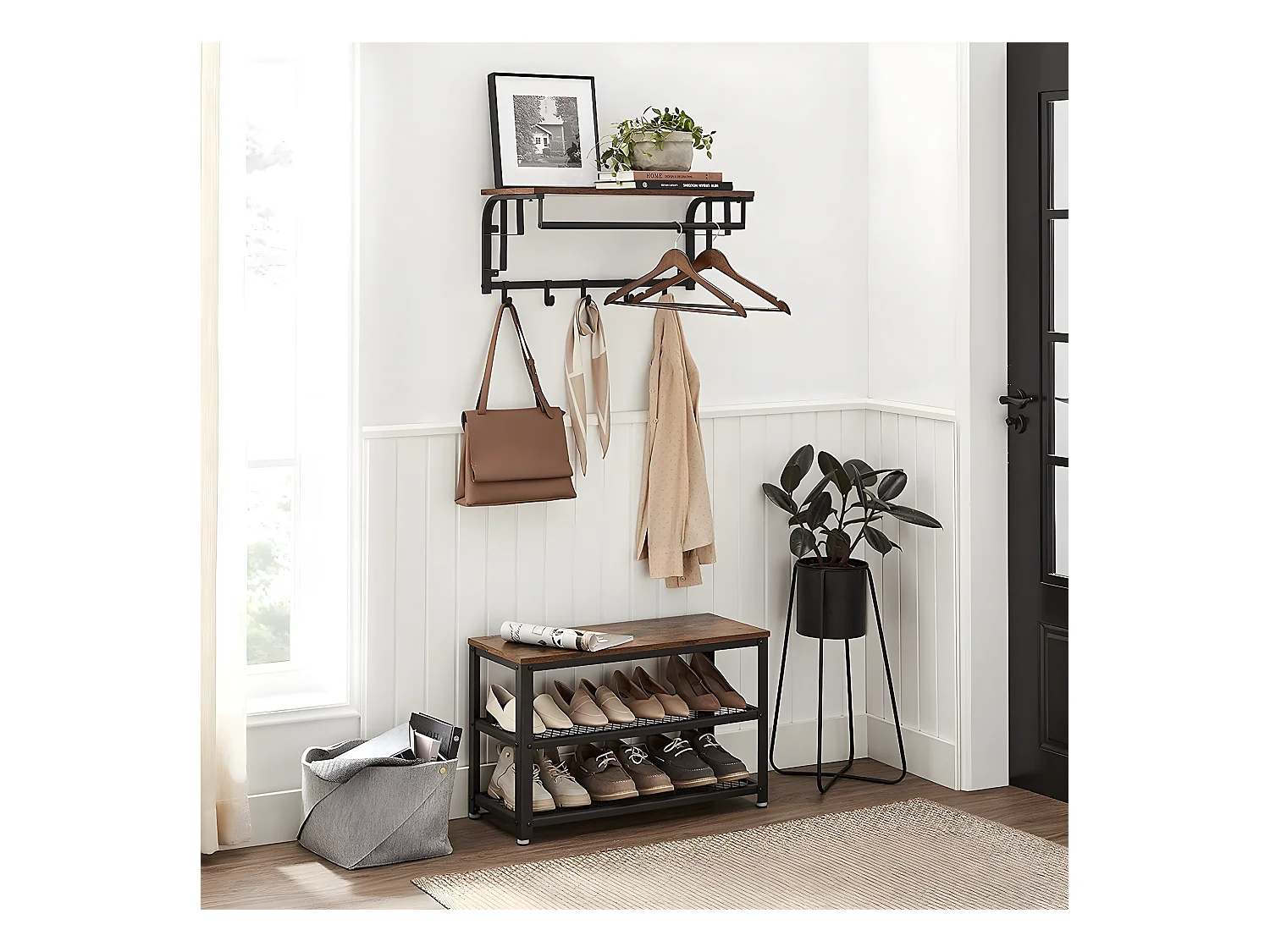 Wandkapstok met 5 verwijderbare haken en stang - L66 cm