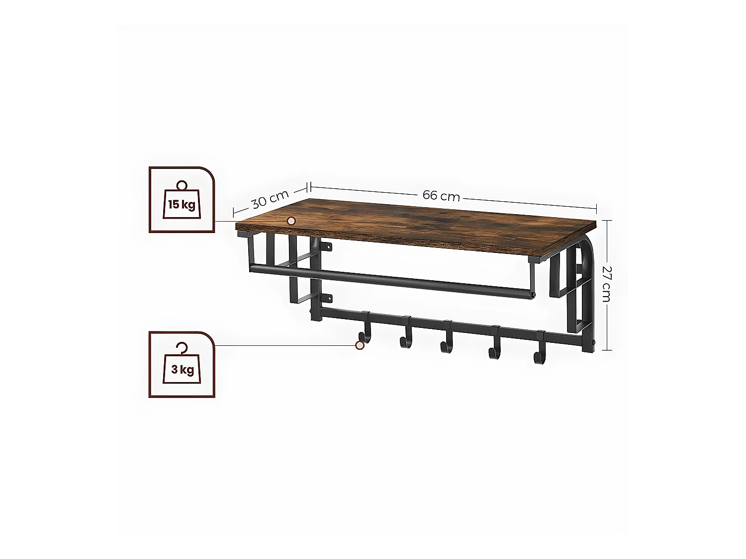Wandkapstok met 5 verwijderbare haken en stang - L66 cm