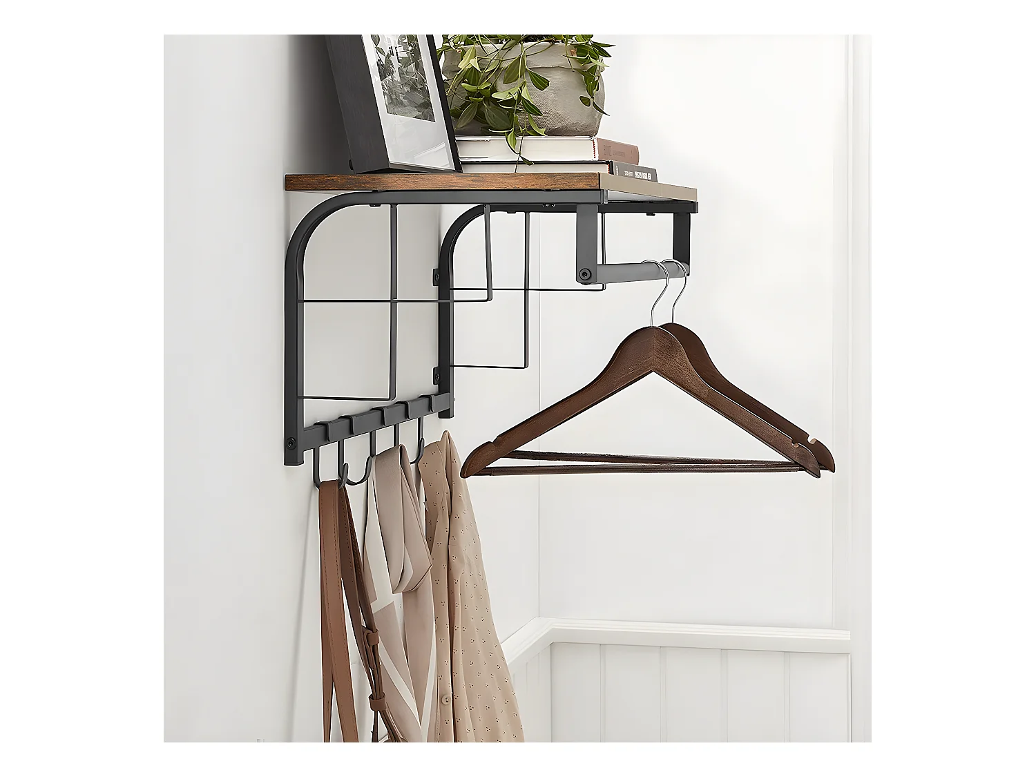 Wandkapstok met 5 verwijderbare haken en stang - L66 cm