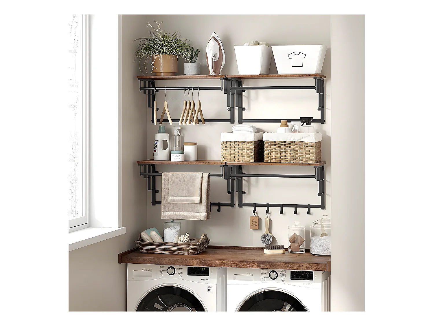 Wandkapstok met 5 verwijderbare haken en stang - L66 cm