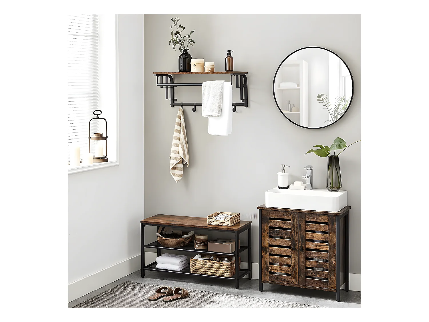 Wandkapstok met 5 verwijderbare haken en stang - L66 cm