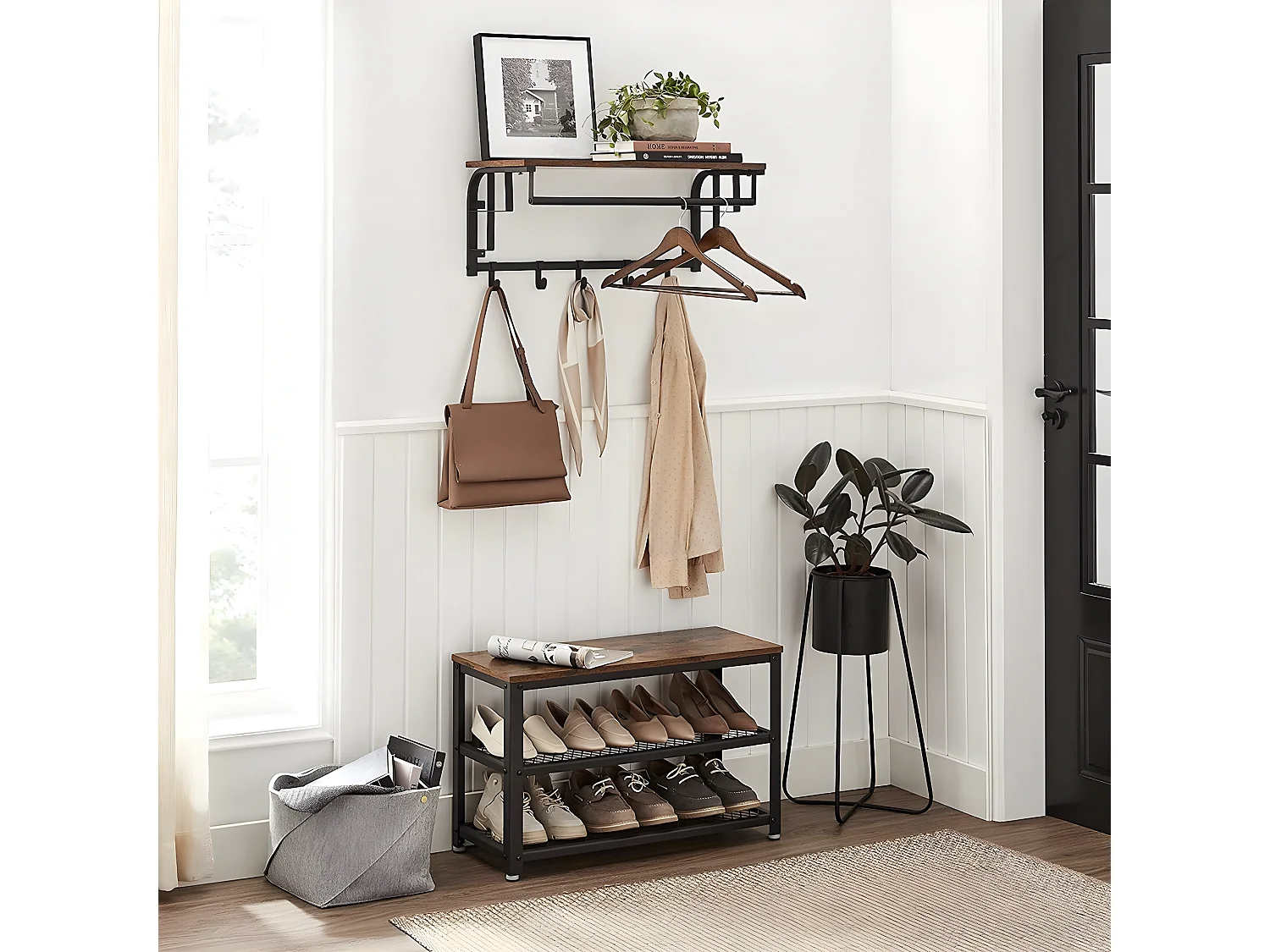 Porte-manteau mural avec 5 crochets amovibles et tringle - L66 cm