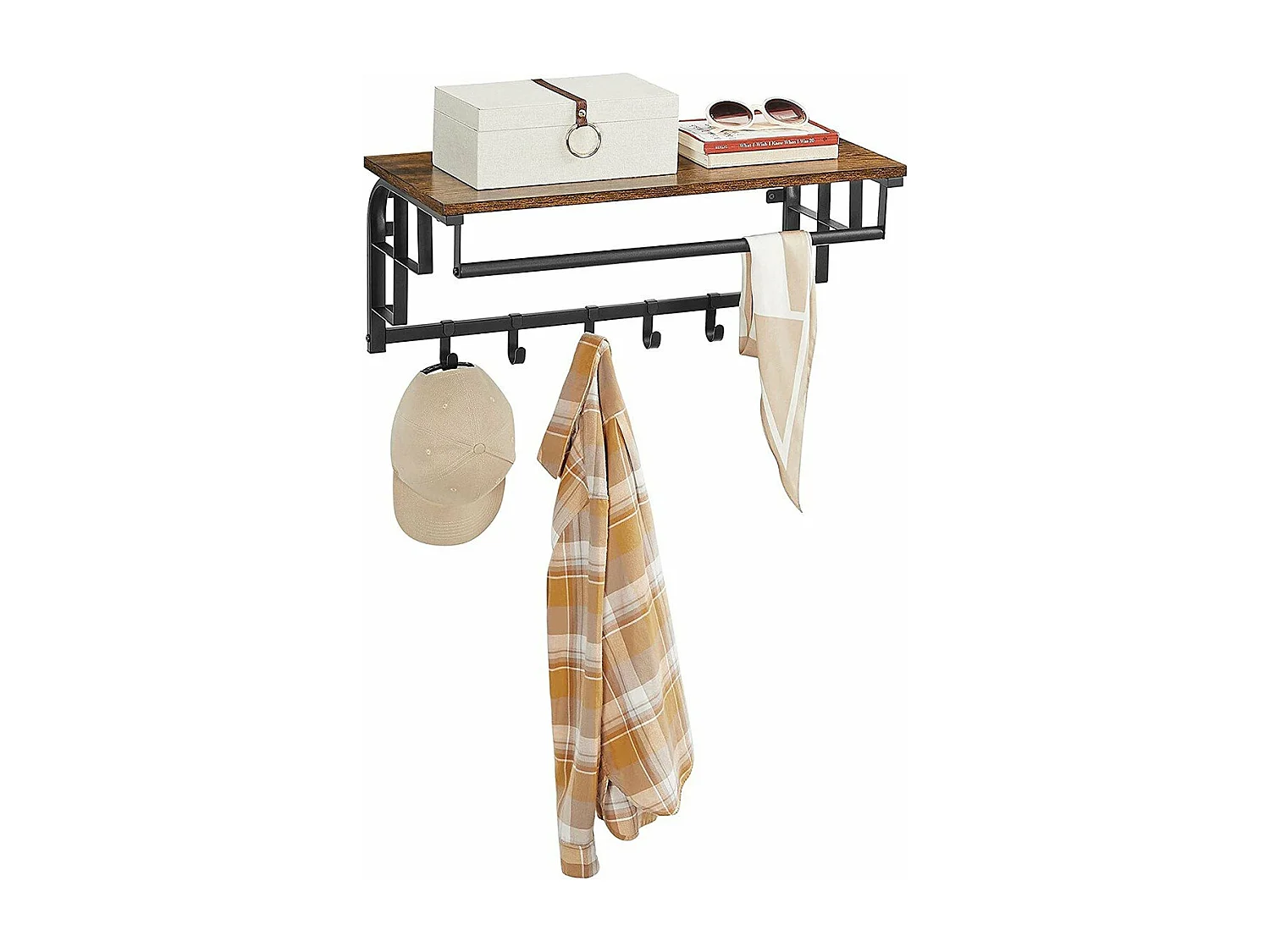 Porte-manteau mural avec 5 crochets amovibles et tringle - L66 cm