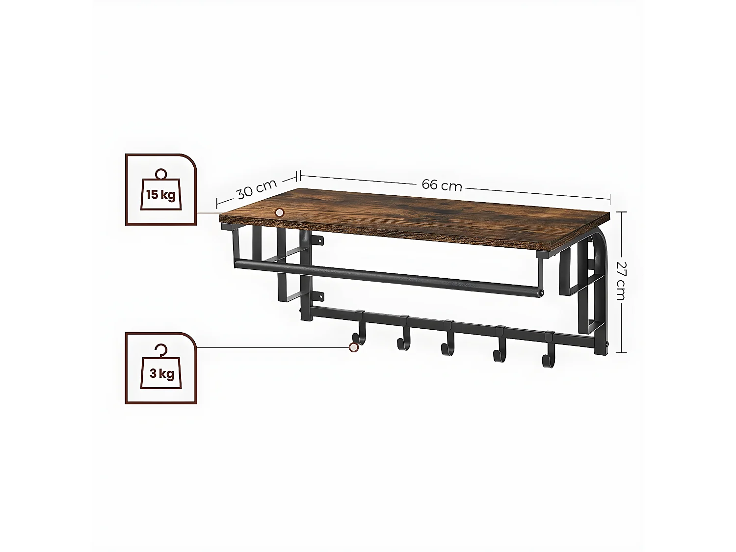 Porte-manteau mural avec 5 crochets amovibles et tringle - L66 cm