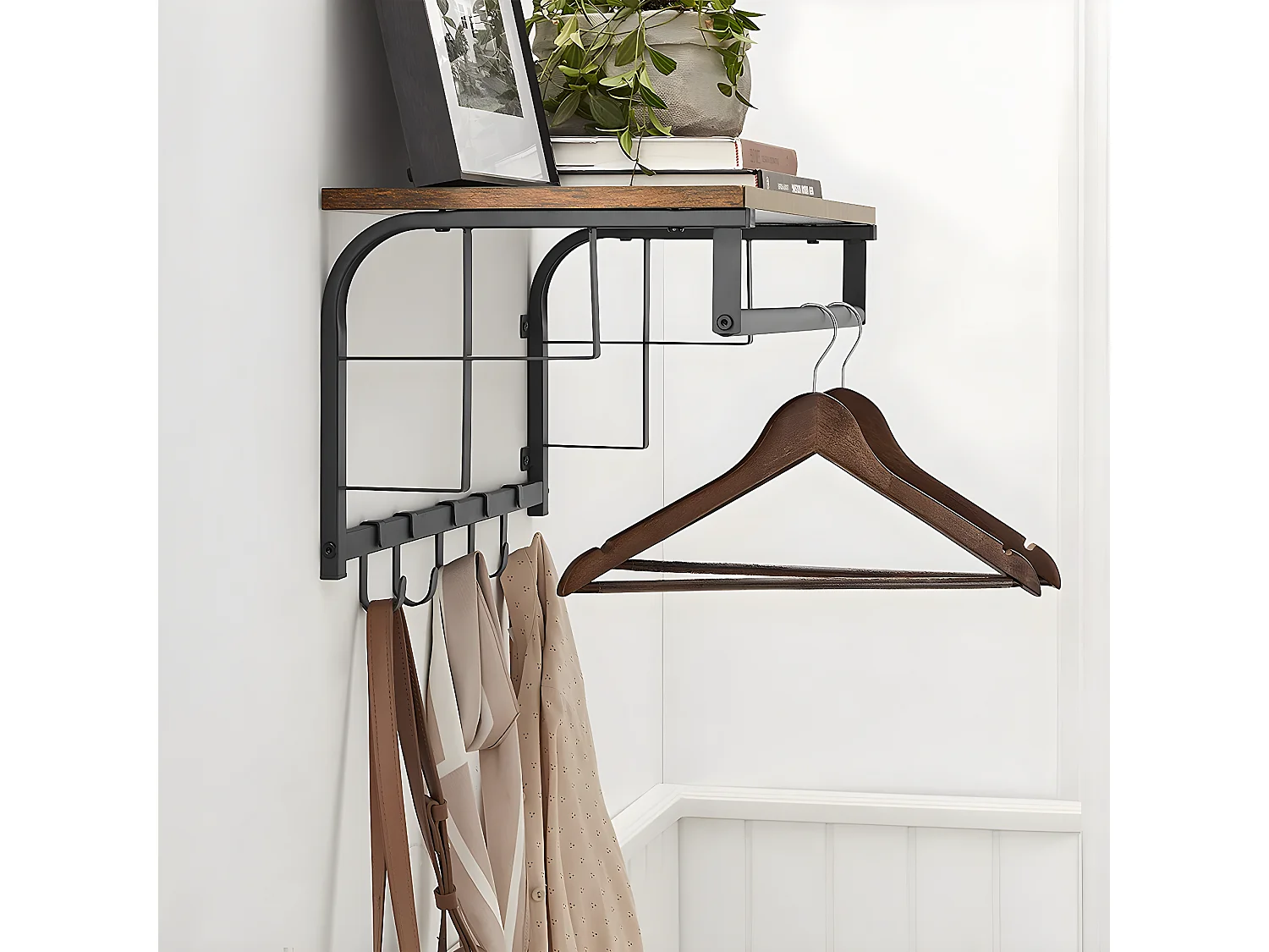 Porte-manteau mural avec 5 crochets amovibles et tringle - L66 cm