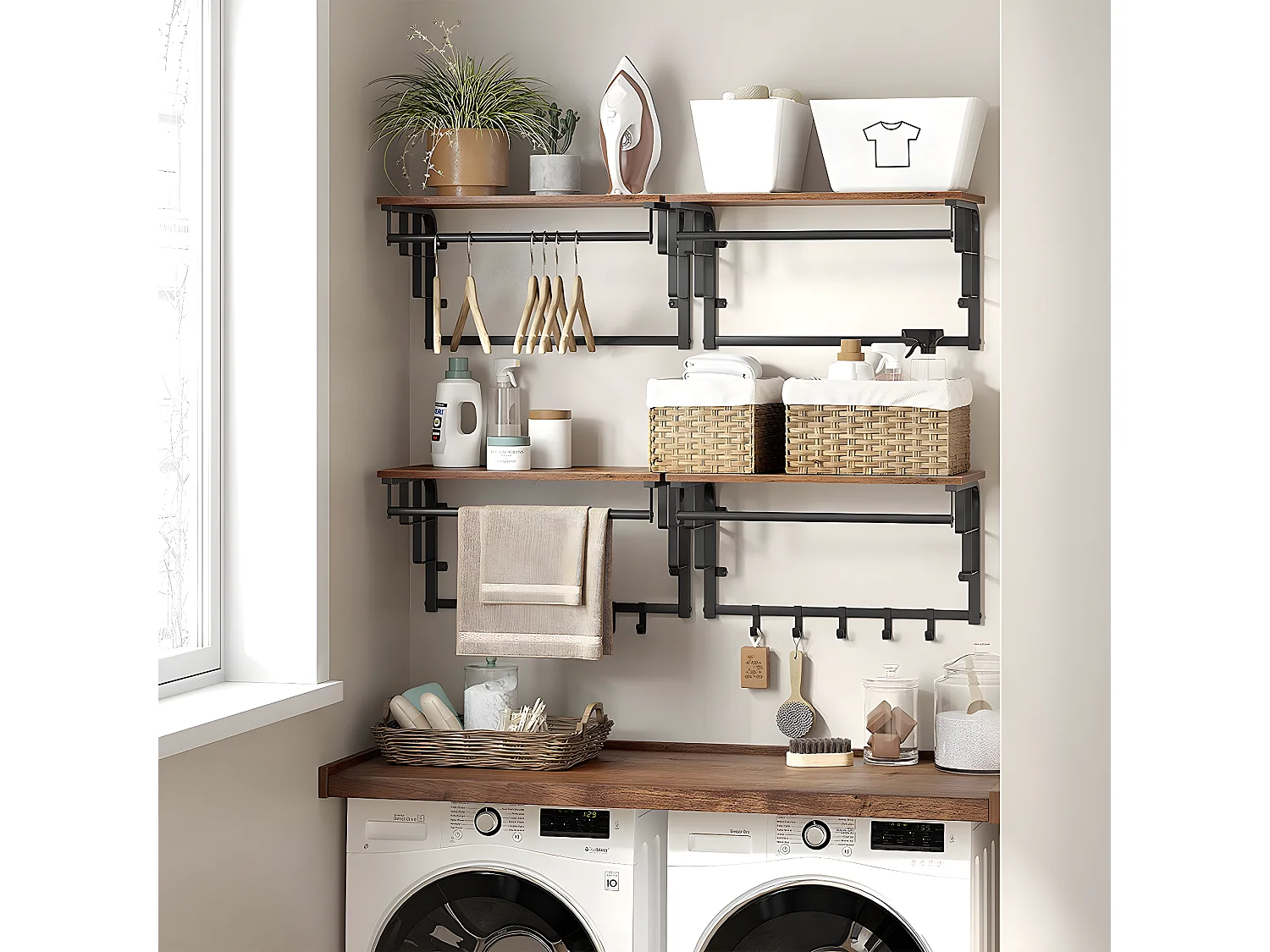 Porte-manteau mural avec 5 crochets amovibles et tringle - L66 cm