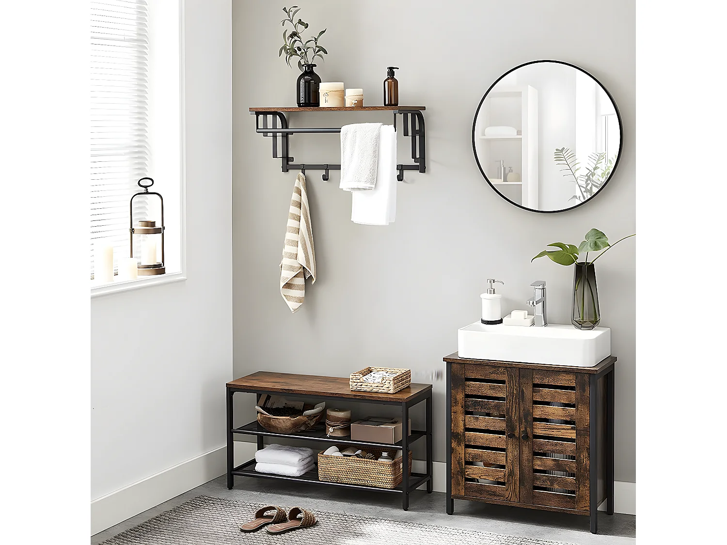 Porte-manteau mural avec 5 crochets amovibles et tringle - L66 cm