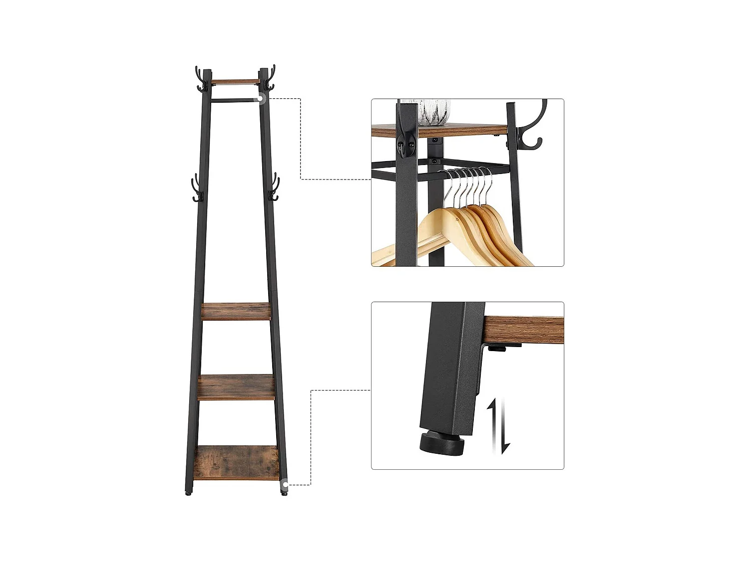 Kapstok met 3 niveaus planken, haken en stangen - H180 cm
