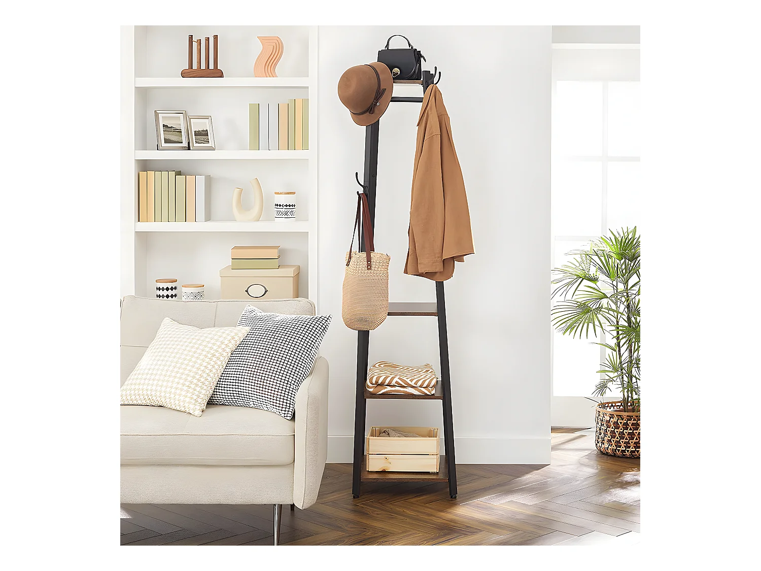 Kapstok met 3 niveaus planken, haken en stangen - H180 cm