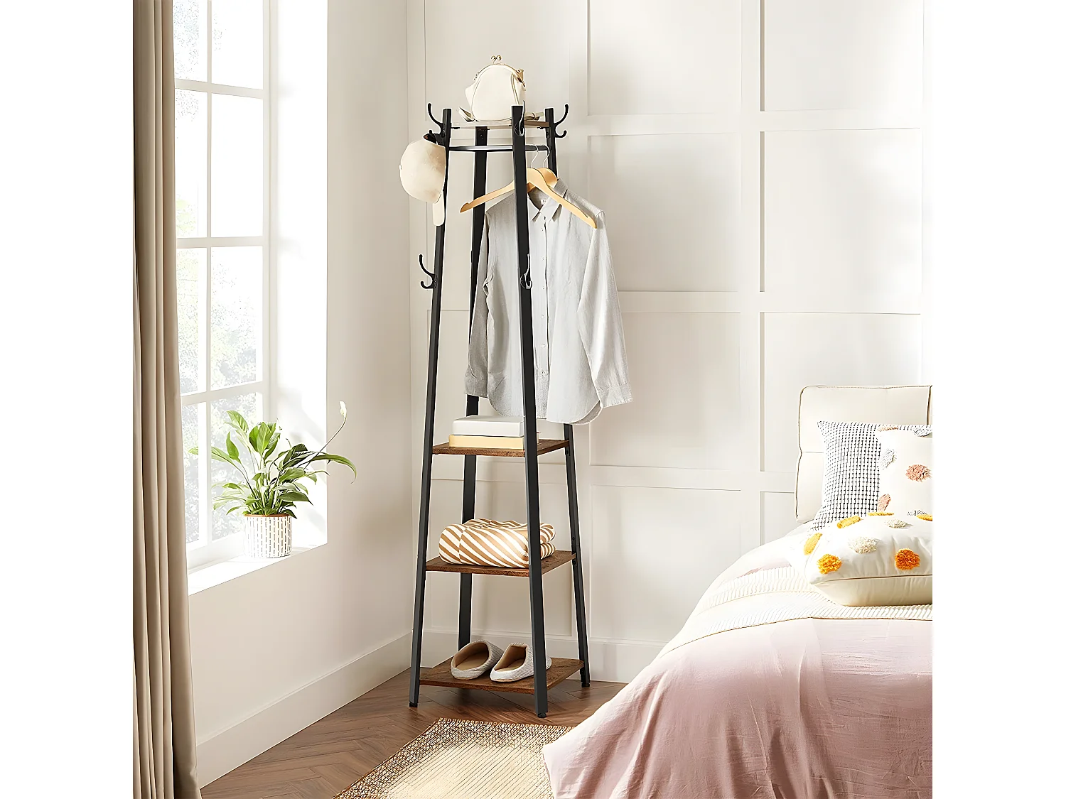 Porte-manteau avec étagères à 3 niveaux, crochets et tringles - H180 cm