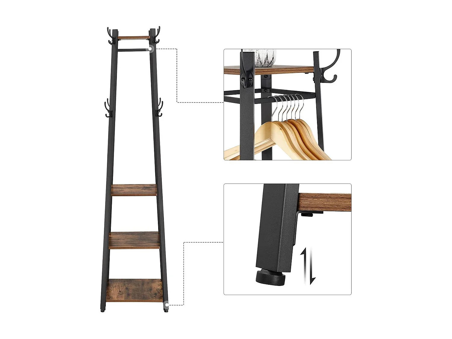 Porte-manteau avec étagères à 3 niveaux, crochets et tringles - H180 cm