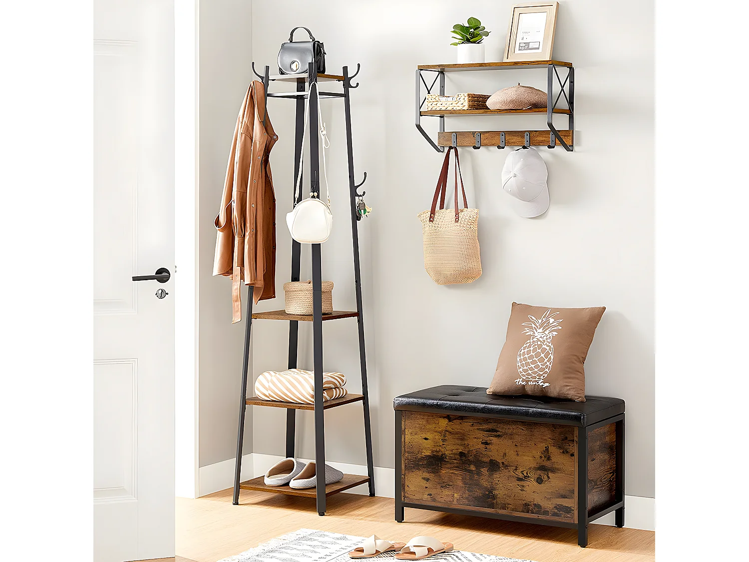 Porte-manteau avec étagères à 3 niveaux, crochets et tringles - H180 cm