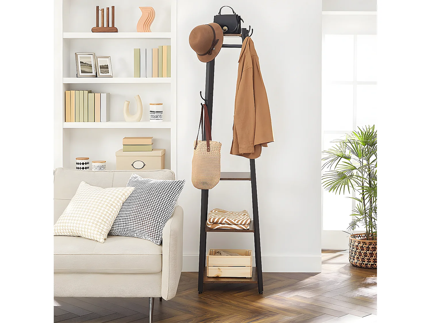 Porte-manteau avec étagères à 3 niveaux, crochets et tringles - H180 cm