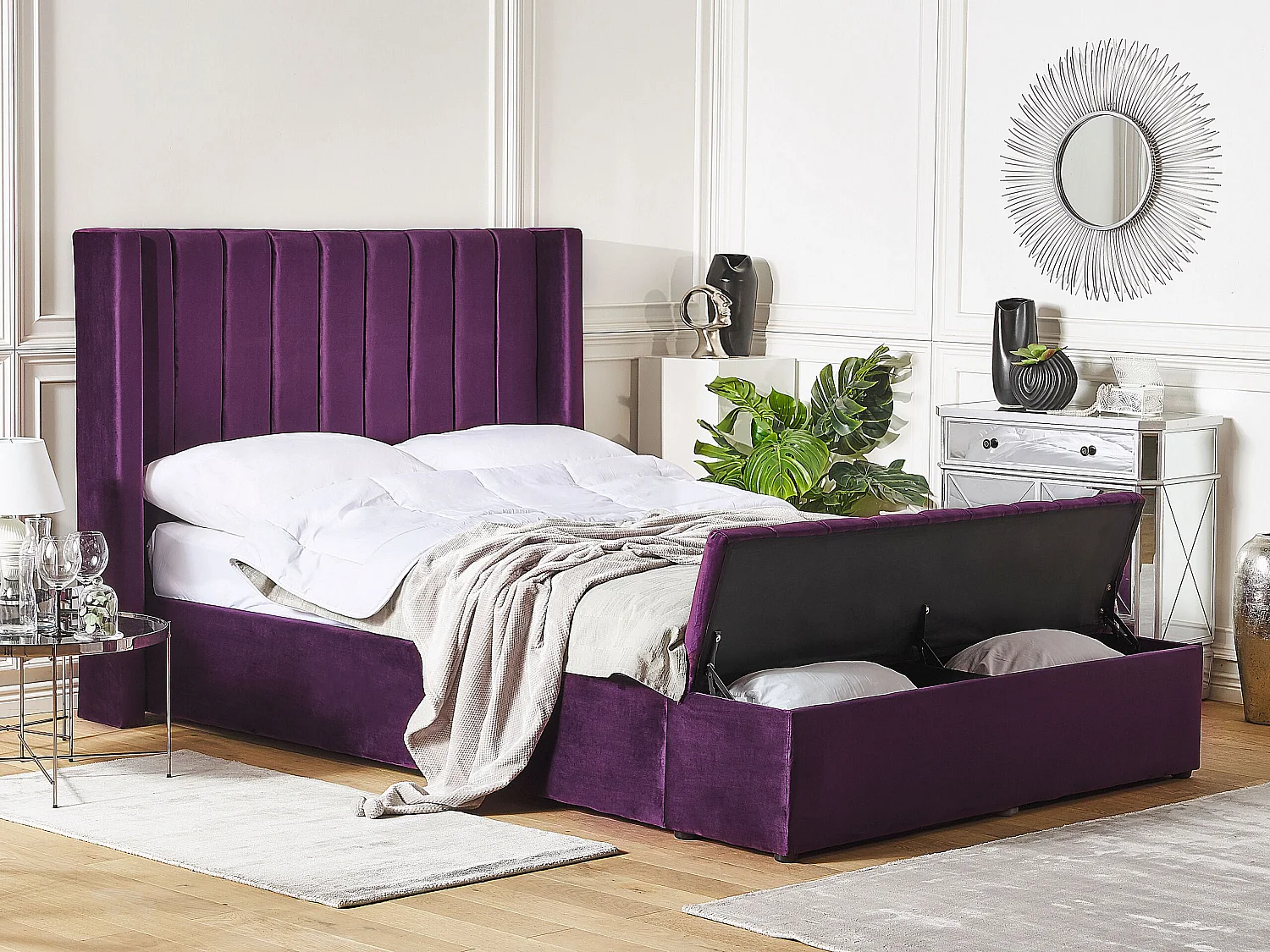 Lit avec banc de rangement Velours NOYERS 140 x 200 cm Pourpre