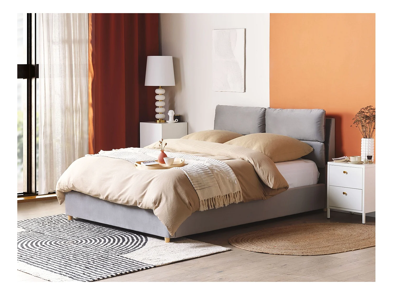 Lit ottoman Velours BATILLY 140 x 200 cm Gris clair